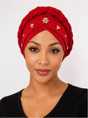 New Pre-Tied Red Braided Turban Wrap Hat with Gold Bead Accents